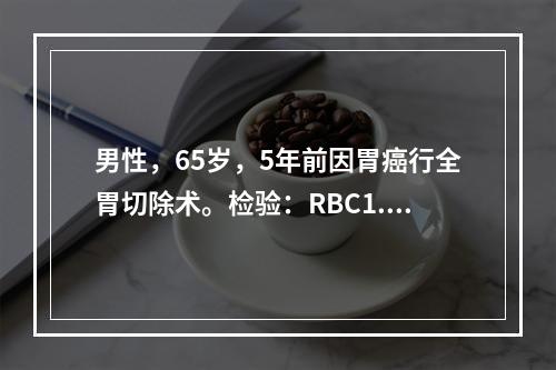 男性，65岁，5年前因胃癌行全胃切除术。检验：RBC1.2×