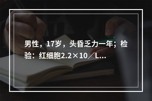 男性，17岁，头昏乏力一年；检验：红细胞2.2×10／L，血