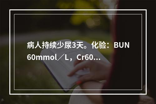 病人持续少尿3天。化验：BUN60mmol／L，Cr602m