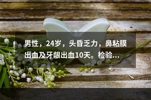 男性，24岁，头昏乏力，鼻粘膜出血及牙龈出血10天。检验：血