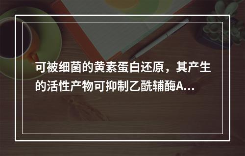 可被细菌的黄素蛋白还原，其产生的活性产物可抑制乙酰辅酶A等多