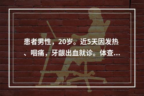 患者男性，20岁。近5天因发热、咽痛，牙龈出血就诊。体查：体