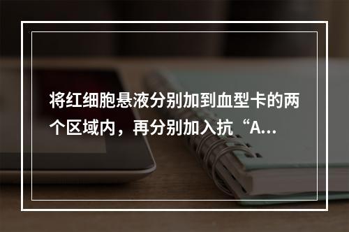 将红细胞悬液分别加到血型卡的两个区域内，再分别加入抗“A”和