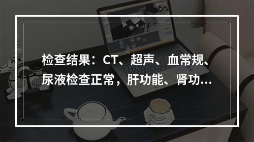 检查结果：CT、超声、血常规、尿液检查正常，肝功能、肾功能正