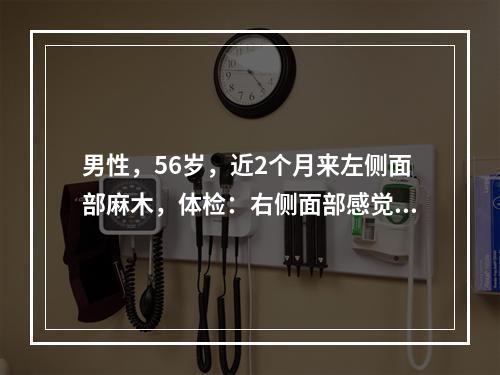 男性，56岁，近2个月来左侧面部麻木，体检：右侧面部感觉障碍