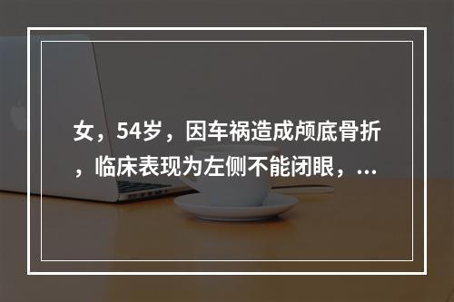 女，54岁，因车祸造成颅底骨折，临床表现为左侧不能闭眼，微笑