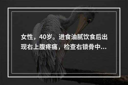 女性，40岁。进食油腻饮食后出现右上腹疼痛，检查右锁骨中线肋