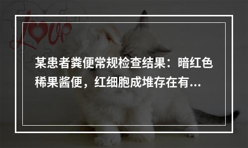 某患者粪便常规检查结果：暗红色稀果酱便，红细胞成堆存在有残碎