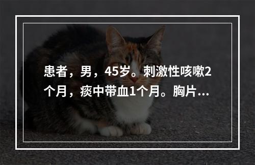 患者，男，45岁。刺激性咳嗽2个月，痰中带血1个月。胸片显示