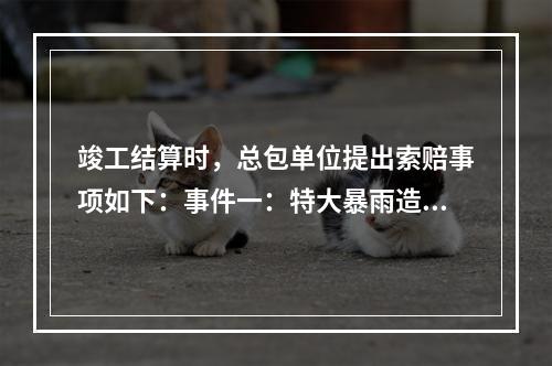 竣工结算时，总包单位提出索赔事项如下：事件一：特大暴雨造成停