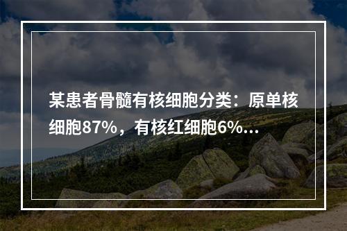 某患者骨髓有核细胞分类：原单核细胞87%，有核红细胞6%，其