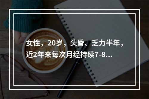 女性，20岁，头昏、乏力半年，近2年来每次月经持续7-8天，