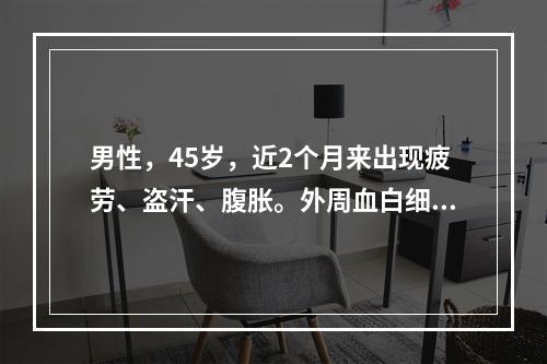 男性，45岁，近2个月来出现疲劳、盗汗、腹胀。外周血白细胞为