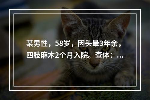 某男性，58岁，因头晕3年余，四肢麻木2个月入院。查体：面色