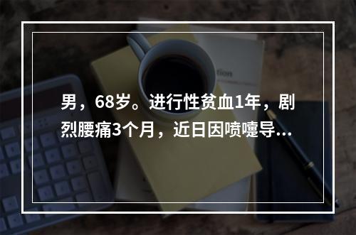 男，68岁。进行性贫血1年，剧烈腰痛3个月，近日因喷嚏导致肋