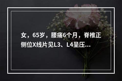 女，65岁，腰痛6个月，脊椎正侧位X线片见L3、L4呈压缩性