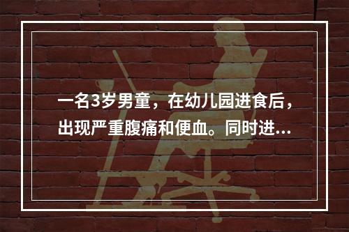 一名3岁男童，在幼儿园进食后，出现严重腹痛和便血。同时进食儿