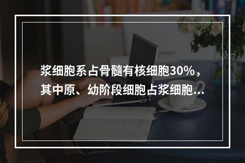 浆细胞系占骨髓有核细胞30％，其中原、幼阶段细胞占浆细胞的5