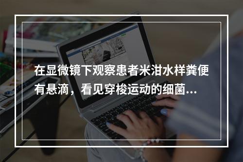 在显微镜下观察患者米泔水样粪便有悬滴，看见穿梭运动的细菌很可