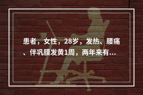 患者，女性，28岁，发热、腰痛、伴巩膜发黄1周，两年来有类似