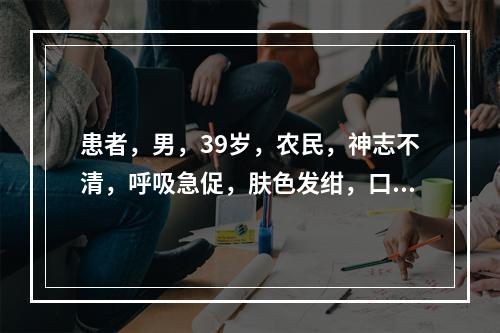 患者，男，39岁，农民，神志不清，呼吸急促，肤色发绀，口角渗