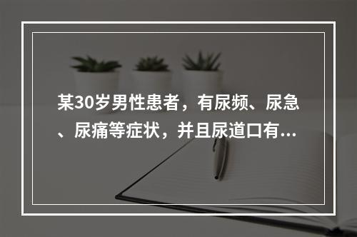 某30岁男性患者，有尿频、尿急、尿痛等症状，并且尿道口有脓性