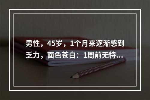 男性，45岁，1个月来逐渐感到乏力，面色苍白：1周前无特殊原