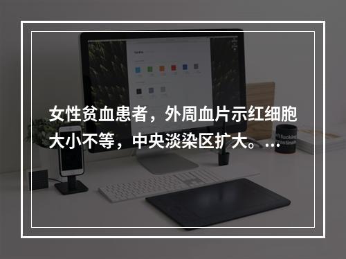 女性贫血患者，外周血片示红细胞大小不等，中央淡染区扩大。转铁