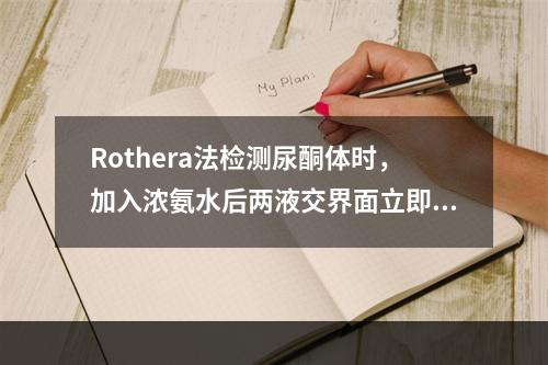 Rothera法检测尿酮体时，加入浓氨水后两液交界面立即呈淡