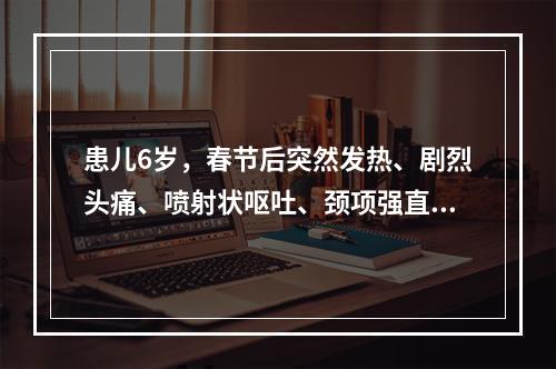 患儿6岁，春节后突然发热、剧烈头痛、喷射状呕吐、颈项强直。其