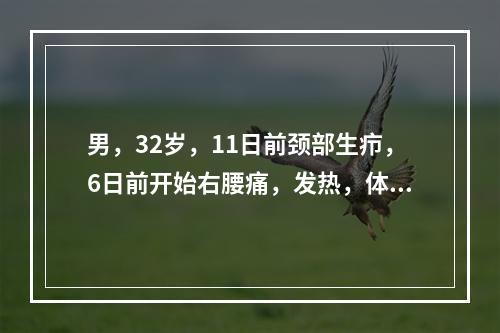 男，32岁，11日前颈部生疖，6日前开始右腰痛，发热，体温最