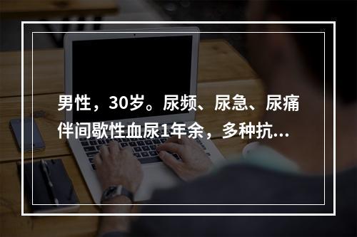 男性，30岁。尿频、尿急、尿痛伴间歇性血尿1年余，多种抗生素