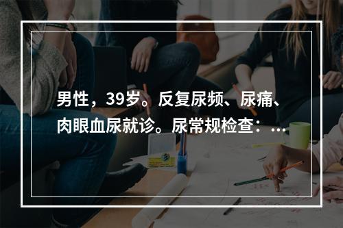 男性，39岁。反复尿频、尿痛、肉眼血尿就诊。尿常规检查：WB