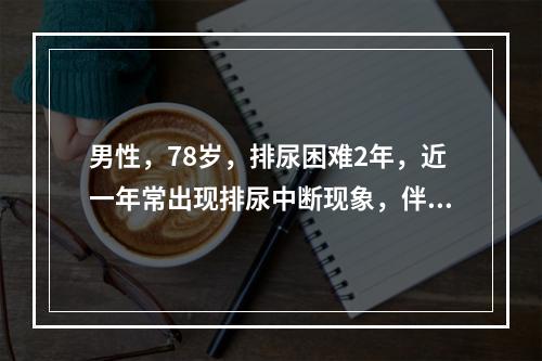 男性，78岁，排尿困难2年，近一年常出现排尿中断现象，伴疼痛