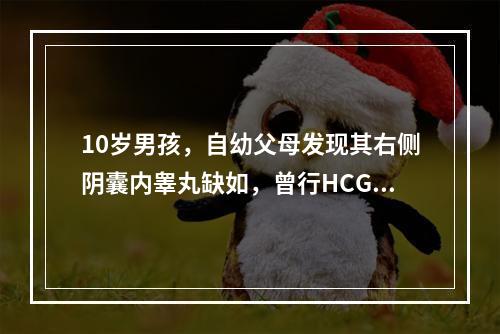 10岁男孩，自幼父母发现其右侧阴囊内睾丸缺如，曾行HCG治疗