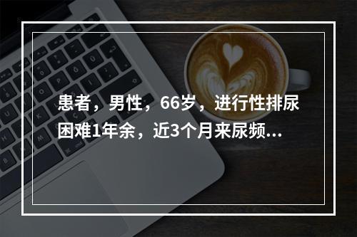 患者，男性，66岁，进行性排尿困难1年余，近3个月来尿频，每