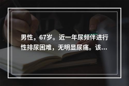 男性，67岁。近一年尿频伴进行性排尿困难，无明显尿痛。该患者