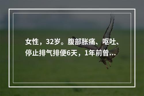 女性，32岁。腹部胀痛、呕吐、停止排气排便6天，1年前曾行阑