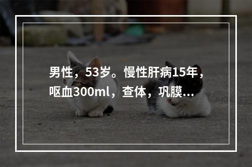 男性，53岁。慢性肝病15年，呕血300ml，查体，巩膜轻度