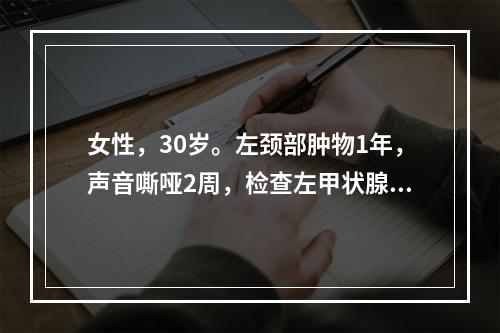 女性，30岁。左颈部肿物1年，声音嘶哑2周，检查左甲状腺上极