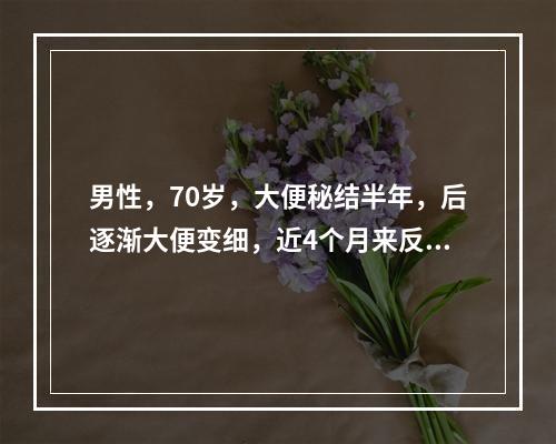 男性，70岁，大便秘结半年，后逐渐大便变细，近4个月来反复脓