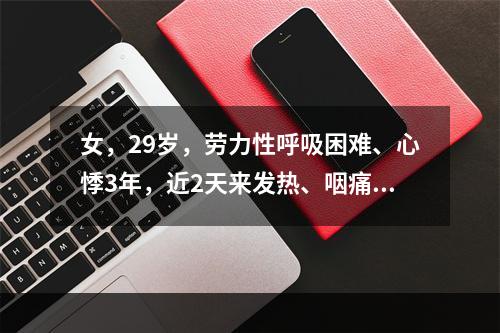 女，29岁，劳力性呼吸困难、心悸3年，近2天来发热、咽痛、咳