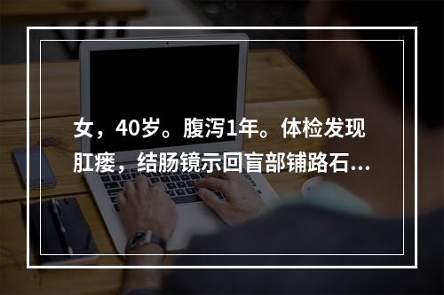 女，40岁。腹泻1年。体检发现肛瘘，结肠镜示回盲部铺路石样改