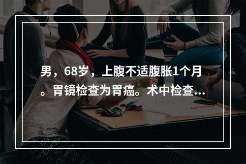 男，68岁，上腹不适腹胀1个月。胃镜检查为胃癌。术中检查发现