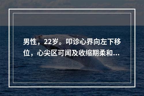 男性，22岁。叩诊心界向左下移位，心尖区可闻及收缩期柔和.吹