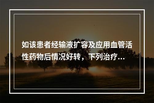 如该患者经输液扩容及应用血管活性药物后情况好转，下列治疗措施