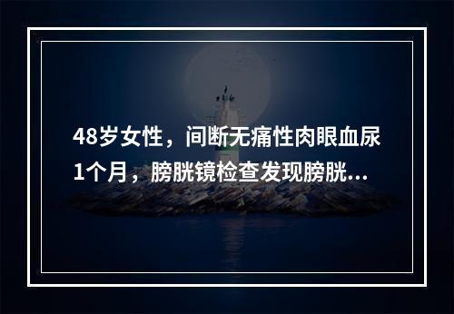 48岁女性，间断无痛性肉眼血尿1个月，膀胱镜检查发现膀胱左后