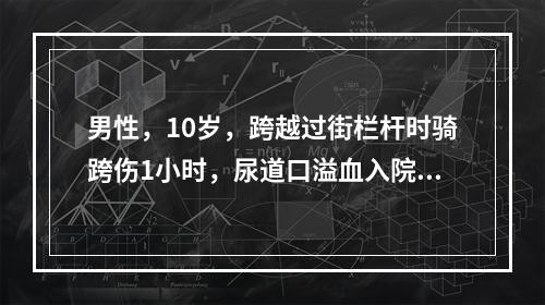 男性，10岁，跨越过街栏杆时骑跨伤1小时，尿道口溢血入院。查