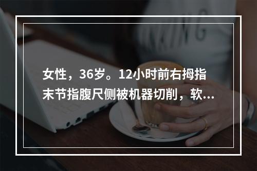 女性，36岁。12小时前右拇指末节指腹尺侧被机器切削，软组织