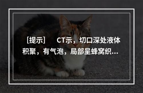 ［提示］　CT示，切口深处液体积聚，有气泡，局部呈蜂窝织炎表